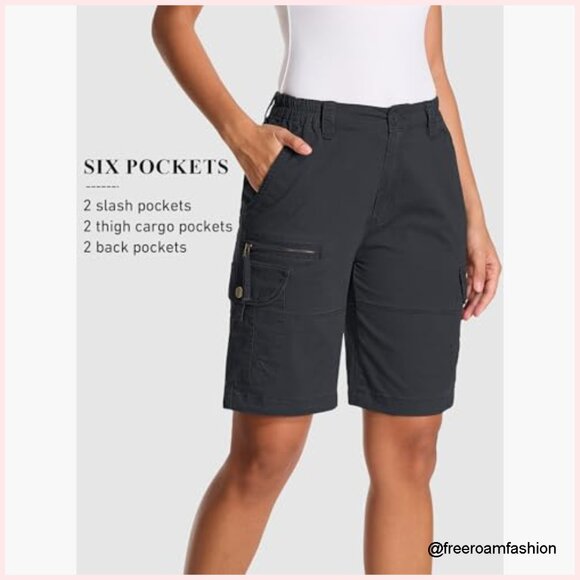 Women's Cargo Shorts Lightweight Cotton Hiking Active Elastic Waist - Picture 4 of 6